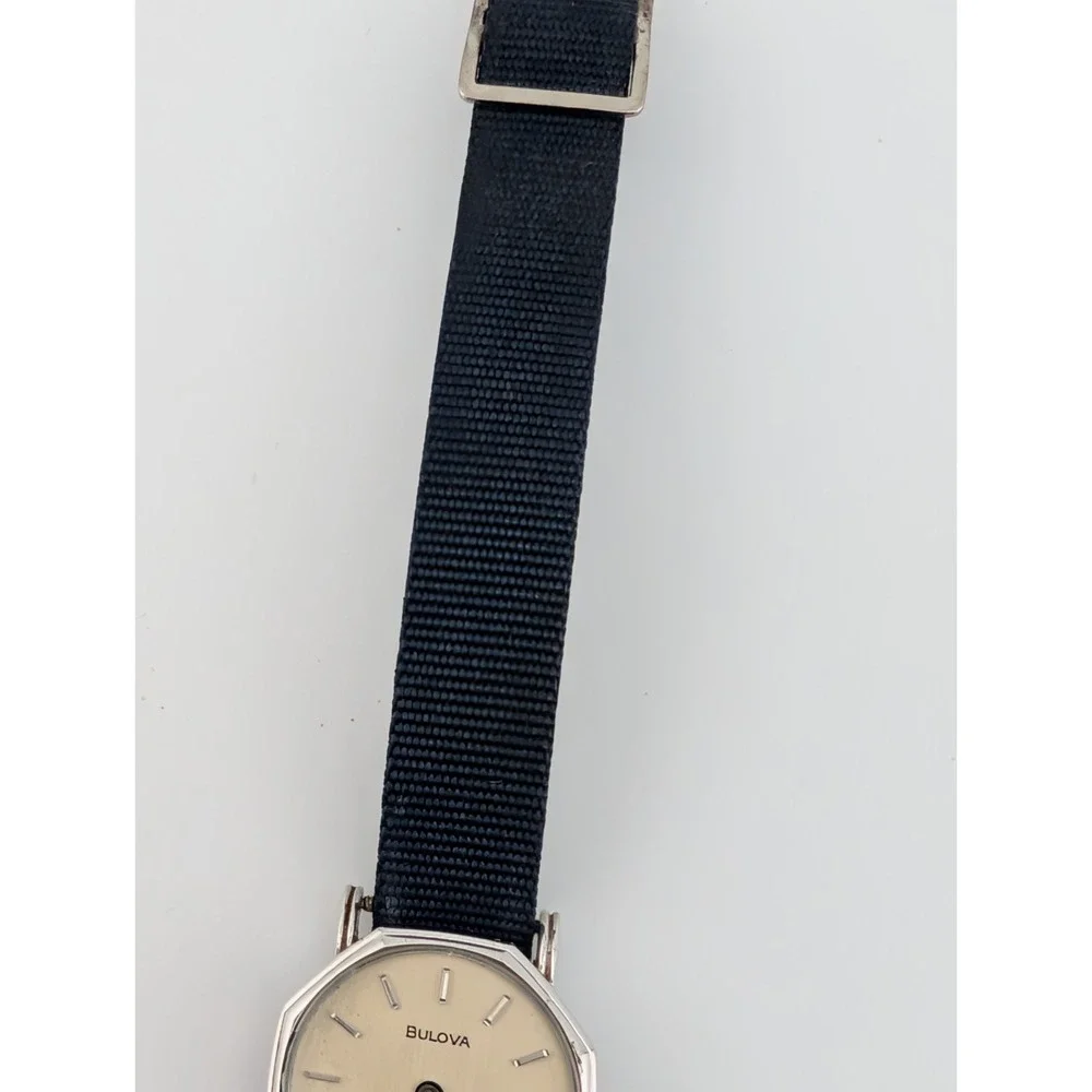 Rare Vintage Bulova Quartz Watch Women Silver 23mm Case Canvas Band- New Battery